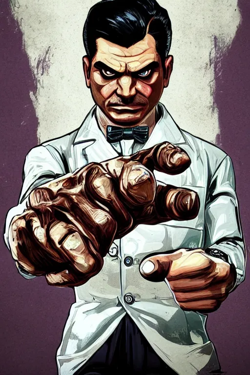 Image similar to angry ali khameney, with index finger, pointing index finger, delete duplicated content, hyperrealistic anatomy content, violet polsangi pop art, gta chinatown wars art style, extreme quality masterpiece, bioshock infinite art style, incrinate, 2 color, white frame, content balance proportion