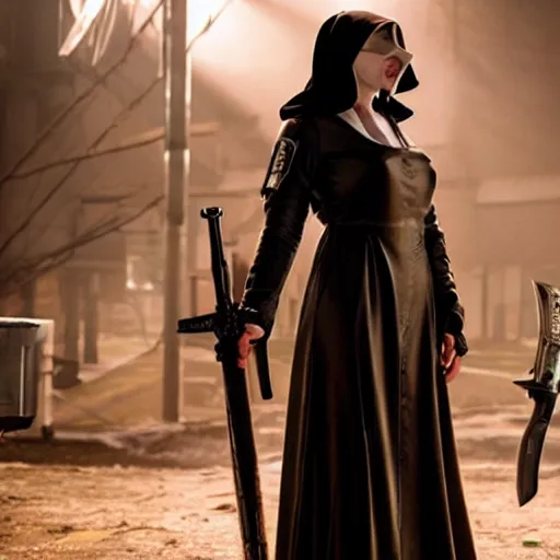 Prompt: photo of christina hendricks as a cyberpunk nun warrior with holy weapons