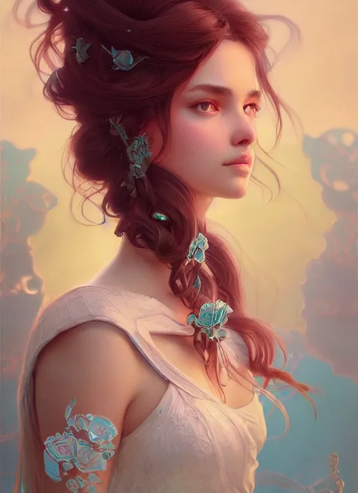 Image similar to beautiful girl with long turqoise hair, cute, intricate, highly detailed, digital painting, trending on artstation, concept art, smooth, sharp focus, illustration, unreal engine 5, 8 k, art by artgerm and greg rutkowski and alphonse mucha