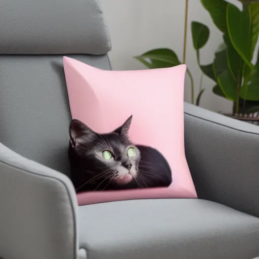 Image similar to Black skinny cat with dark green eyes sleeping on a pink gaming chair on a sakura pillow