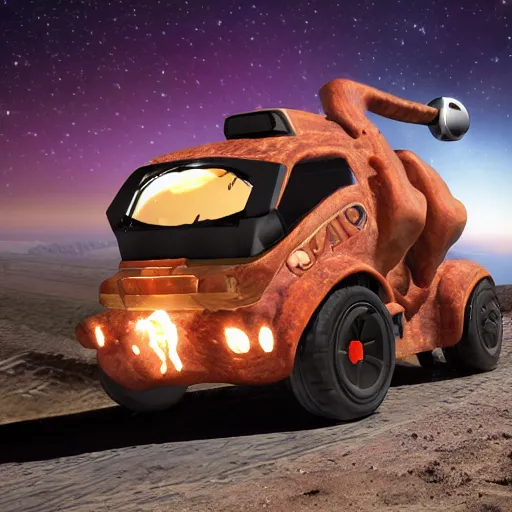 Prompt: the deliverator's car has enough potential energy packed into its batteries to fire a pound of bacon into the asteroid belt. unlike a bimbo box or a burb beater, the deliverator's car unloads that power through gaping, gleaming, polished sphincters.