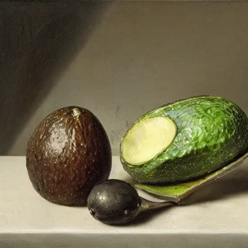 Prompt: still life by willem claesz heda, avocados, bread