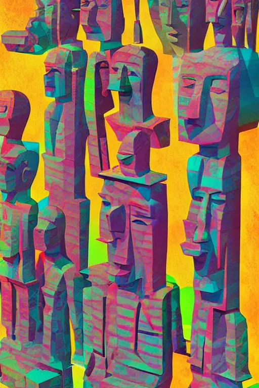 Image similar to cubist moai statue cutout digital illustration cartoon colorful beeple