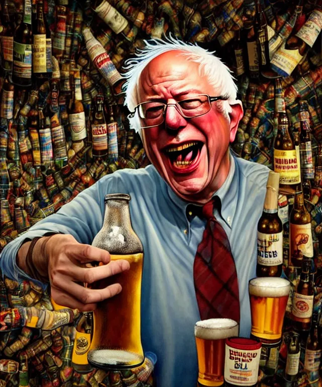 Prompt: hyperrealistic mixed media painting of Bernie Sanders as a laughing drunk, tattered plaid shirt, dimly lit dive bar, scattered empty beer bottles, stunning 3d render inspired art by P. Craig Russell and Barry Windsor-Smith + perfect facial symmetry + dim volumetric lighting, 8k octane beautifully detailed render, post-processing, extremely hyperdetailed, intricate, epic composition, grim yet sparkling atmosphere, cinematic lighting + masterpiece, trending on artstation, very very detailed, masterpiece, stunning