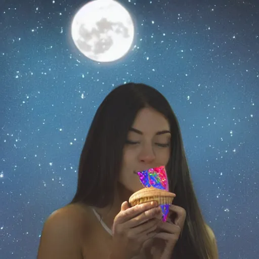 Prompt: a mystical creature eating ice cream in the moonlight