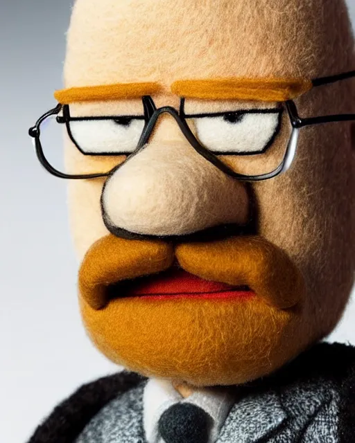 Image similar to walter white as a muppet. highly detailed felt. hyper real photo. 4 k.