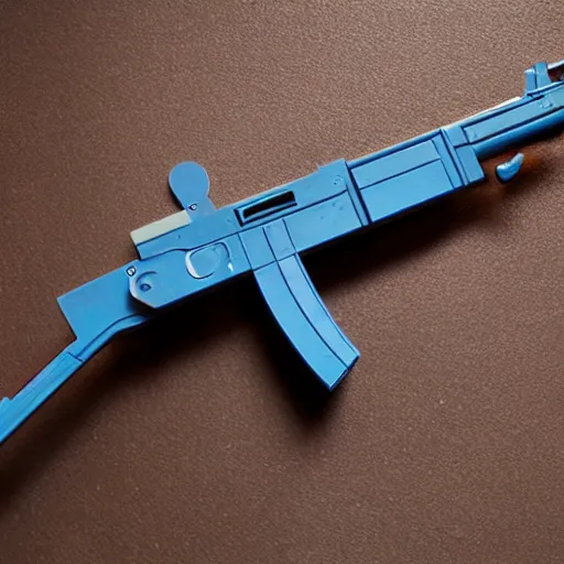 Image similar to a working ak - 4 7, 3 d printed using black and blue filament. 8 5 mm lens, f 1. 8.