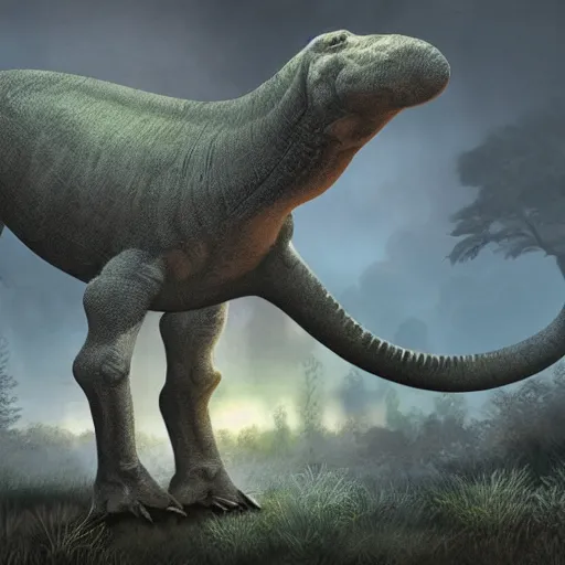 Image similar to dimetroton brontosaurus mix hybrid, paleoart by Julius T. Csotonyi, highly detailed, night, volumetric lighting