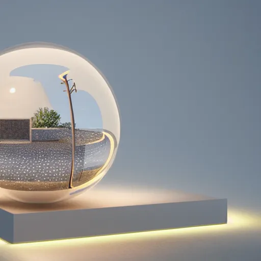 Image similar to crystal ball with mini modern house with led strip lights inside it, octane render hyperdetailed,