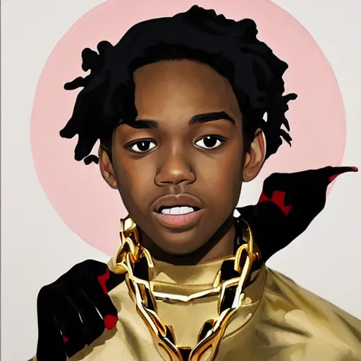 Image similar to a painting of miles morales, dripped out, diamonds, diamond chain, gold rings, gold watch, stylish, gold grill by sachin teng