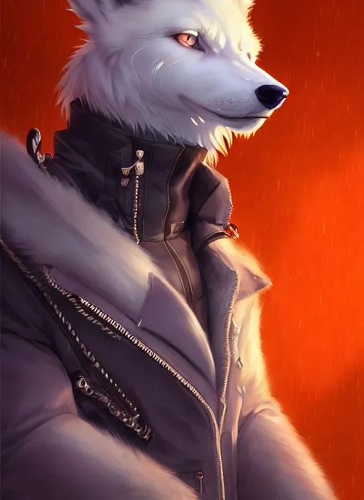 Image similar to award winning beautiful portrait commission of a male furry anthro albino wolf fursona with a tail and a cute beautiful attractive detailed furry face wearing stylish black and orange biker clothes in a cyberpunk city at night while it rains. Character design by charlie bowater, ross tran, artgerm, and makoto shinkai, detailed, inked, western comic book art