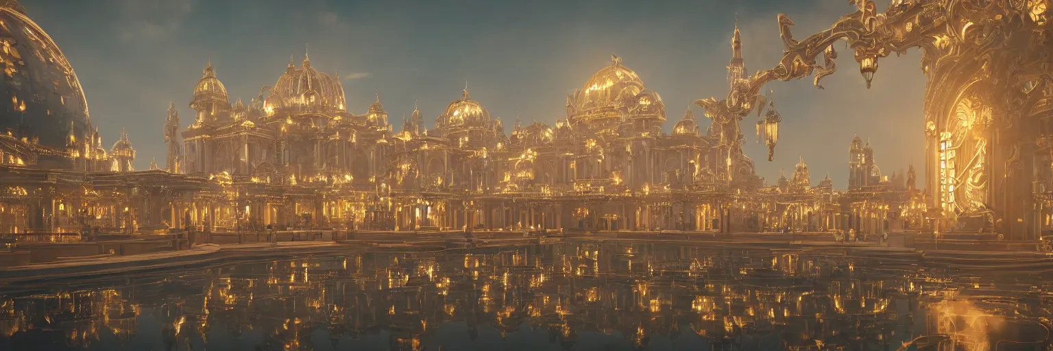 Image similar to beautiful picture of naboo with reflective sleek architecture, steampunk, ultra detailed, neon signs, elegant, trending on artstation, dramatic lighting, light rays and shadows, octane render directed by stanley kubrick