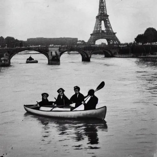 Image similar to an edwardian woman wearing white is paddling a canoe down the river Seine at night, eiffel tower visible in the background