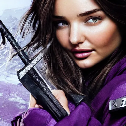 Prompt: Miranda Kerr with long purple hair and sword in call of duty warzone 4k, high detail, high-resolution photograph, professional photography, ultra-detail