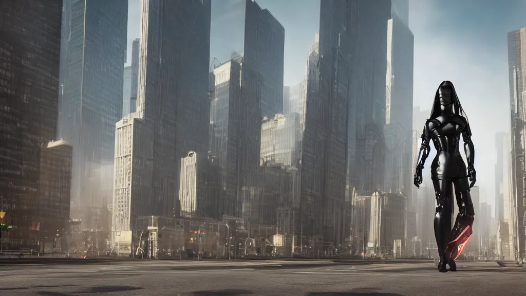 Image similar to modern sci-fi ninja woman with a mechanical sword and translucent shiny armour, walking towards oncoming traffic in downtown chicago, daytime, matte painting, unreal engine, cinematic camera, mirrors edge, inception