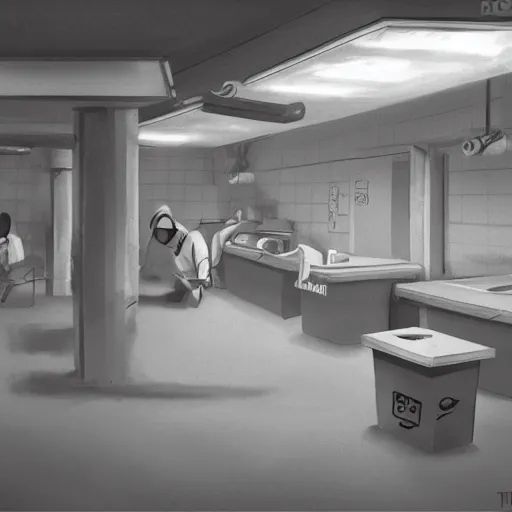 Prompt: break room underground, sterile, clean, digital art, trending on artstation, featured on Pixiv