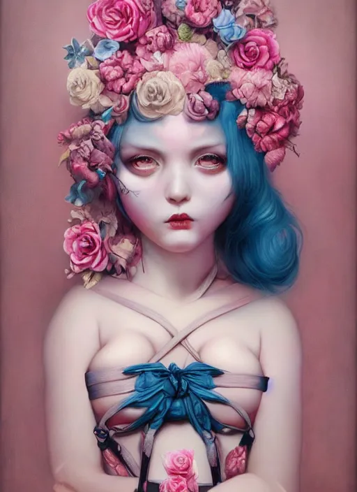 Image similar to pop surrealism, lowbrow art, realistic seductive cute woman looking painting, pink body harness, japanese shibari with blue flowers, hyper realism, muted colours, rococo, natalie shau, loreta lux, tom bagshaw, mark ryden, trevor brown style,