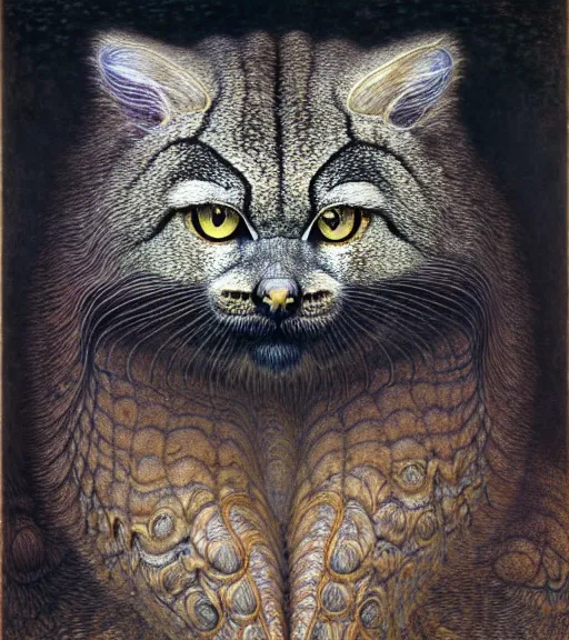 Image similar to detailed realistic beautiful manul portrait by jean delville, gustave dore, iris van herpen and marco mazzoni, art forms of nature by ernst haeckel, art nouveau, symbolist, visionary, gothic, neo - gothic, pre - raphaelite, fractal lace, intricate alien botanicals, ai biodiversity, surreality, hyperdetailed ultrasharp octane render