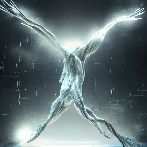 Image similar to hyperrealistic mixed media high resolution image of complex potential flow around a hand reaching up and outward from the flow, teleportation, stunning 3d render inspired art by unreal engine and Greg Rutkowski, perfect symmetry, dim volumetric lighting, 8k octane beautifully detailed render, post-processing, extremely hyper-detailed, intricate, epic composition, highly detailed attributes, highly detailed atmosphere, cinematic lighting, masterpiece, trending on artstation, very very detailed, masterpiece, stunning,