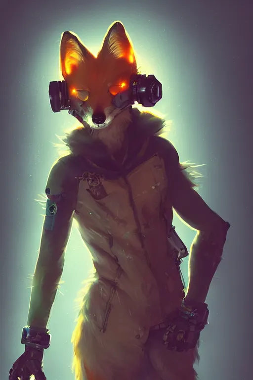 Prompt: an anthropomorphic cyberpunk fox with a fluffy tail, backlighting, trending on artstation, digital art, furry art, trending on furaffinity, fantasy art, by kawacy