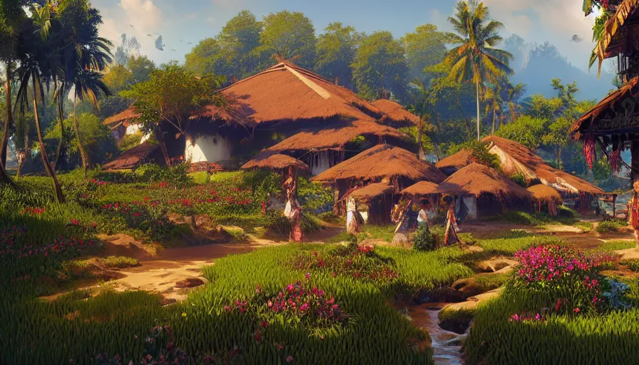 Image similar to a low poly isometric render of a kerala village, floral! intricate, elegant, highly detailed, digital painting, artstation, concept art, smooth, sharp focus, illustration, art by artgerm and greg rutkowski and alphonse mucha, horizon zero dawn 8 k