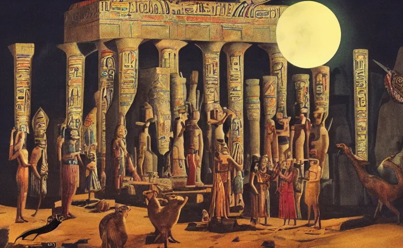 Image similar to a 1 9 5 0's technicolor cinematic scene of egyptian gods with animal heads, having a ceremony in a moonlit temple in karnak