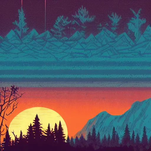 Prompt: A sunset illustration by Dan Mumford, foggy