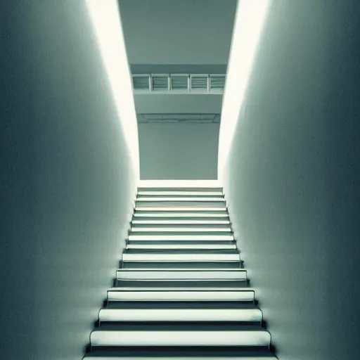 Prompt: noisy color photograph of a retrofuturist liminal space, staircase to the surface, minimalist, cinematic, soft vintage glow