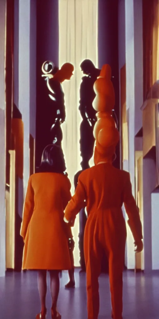 Prompt: single scene from a color film directed by stanley kubrick, two abstract people in frame, symmetry, leading lines, cinematic, kodak film, highly detailed ”