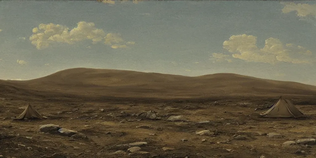 Prompt: “ a group of abandoned beige 1 8 0 0 s canvas tents in a desolate arctic landscape, barren, no trees or grass, gravel and scree ground, slight rolling hills, romanticist oil painting ”