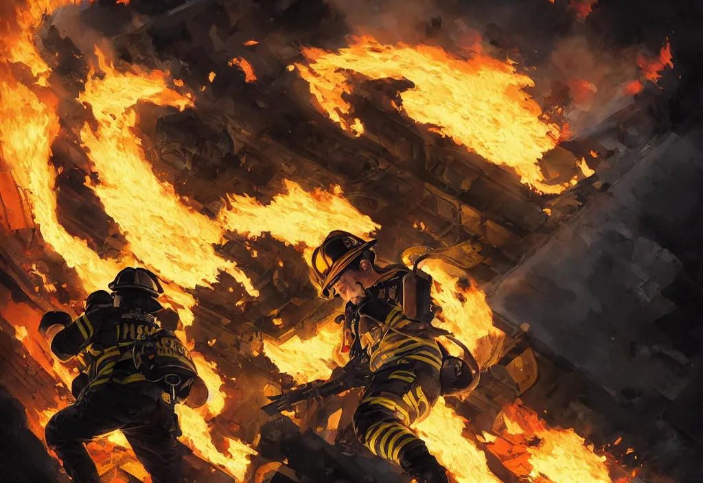 Image similar to heroic firefighter in action in black and yellow uniform, fire flames, sharp details, sharp focus, elegant, highly detailed, illustration, by jordan grimmer and greg rutkowski and pine ( ハイネ ) and 薯 子 imoko and 香 川 悠 作 and wlop and maya takamura, intricate