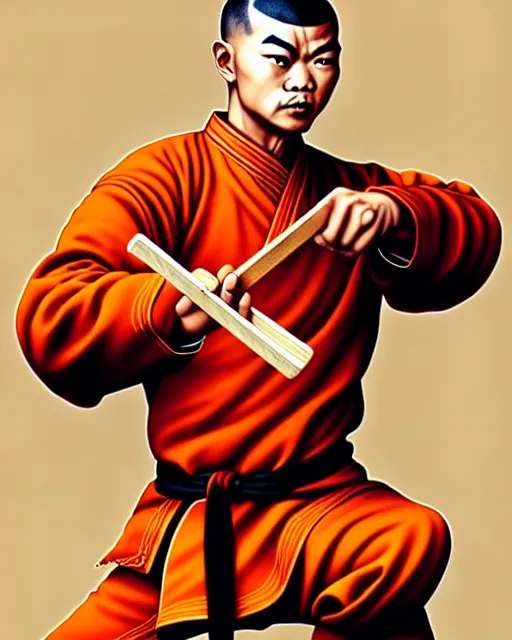 Image similar to richly detailed color illustration of a shaolin-Fast-Food-Employee-kung-fu illustrated by Artgerm and Timothy Kong . 3D shadowing