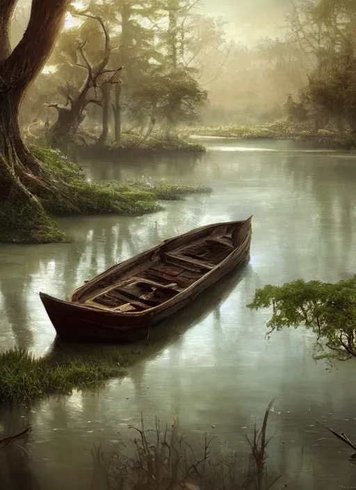 Prompt: painting of a boat in a swamp, a detailed matte painting by senior environment artist, cgsociety contest winner, fantasy art, concept art, matte painting, cryengine