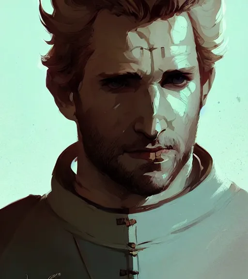 Image similar to portrait of cullen from dragon age near campfire by atey ghailan, by greg rutkowski, by greg tocchini, by james gilleard, by joe fenton, by kaethe butcher, dynamic lighting, gradient light blue, brown, blonde cream and white color scheme, grunge aesthetic