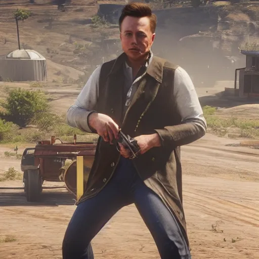 Prompt: Film still of Elon Musk, from Red Dead Redemption 2 (2018 video game)