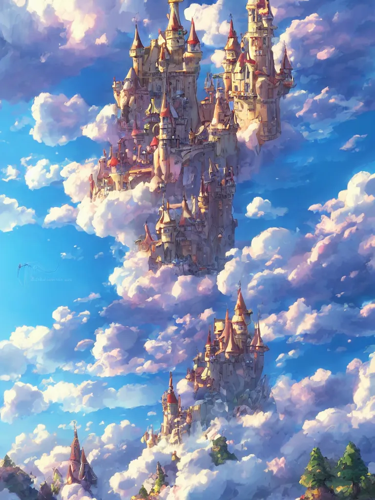 Image similar to photo cartoon illustration comics manga painting of pixiv, fantastic candy castle, blue skies and lots of clouds, fairy tales, bright colors and high picture, quality, by makoto shinkai, hdr, digital painting, unreal engine, 8 k, volumetric lighting, contrast