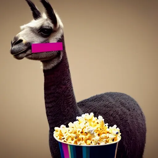 Image similar to photo of a rainbow llama eating popcorn and watching tv