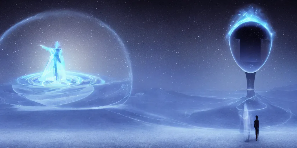 Prompt: intricate blue astral desert landscape, starry sky swirls, giant ethereal hourglass, ghostly humanoid figure, matte painting, concept art, 8K