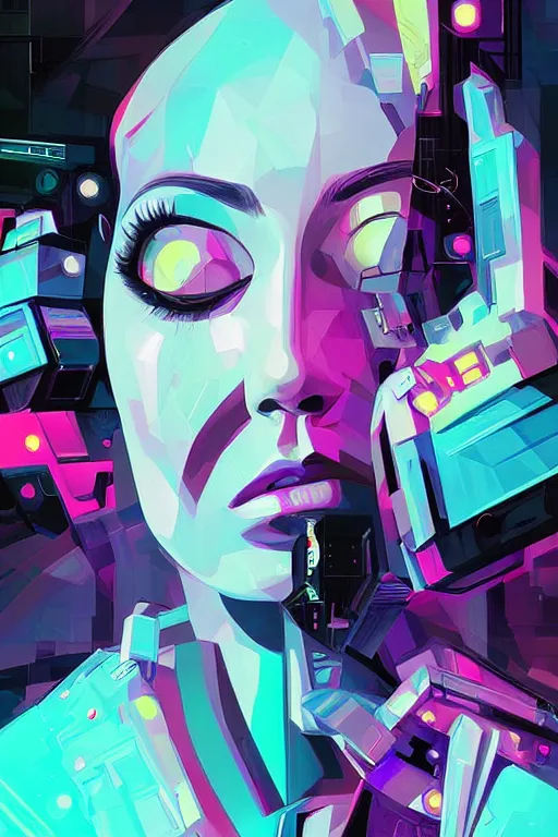 Prompt: wideangle portrait, digital painting, an beautiful, sleeping hacker girl, cybernetic, madness, decoherence, synthwave, glitch!!, fractured reality, glitter, realistic, hyperdetailed, concept art, art by syd mead, cubism