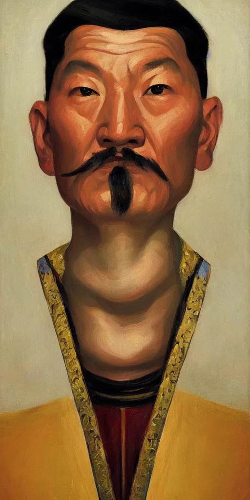 Image similar to a stunning and noble highly detailed portrait of genghis khan by edward hopper, trending on artstation, oil painting masterpiece, symmetry, mysterious, very very very aesthetic