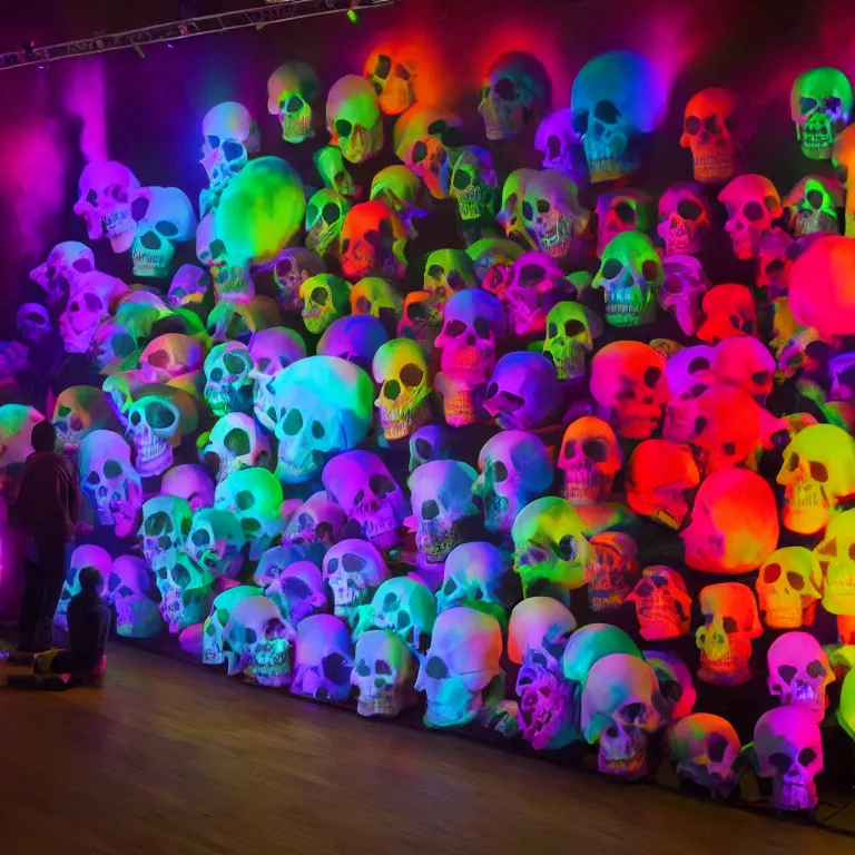 Prompt: fluxus performance of gradient colors light projection onto several giant skulls in a cramped art gallery, high contrast hyperrealism trending on arstation 8 k