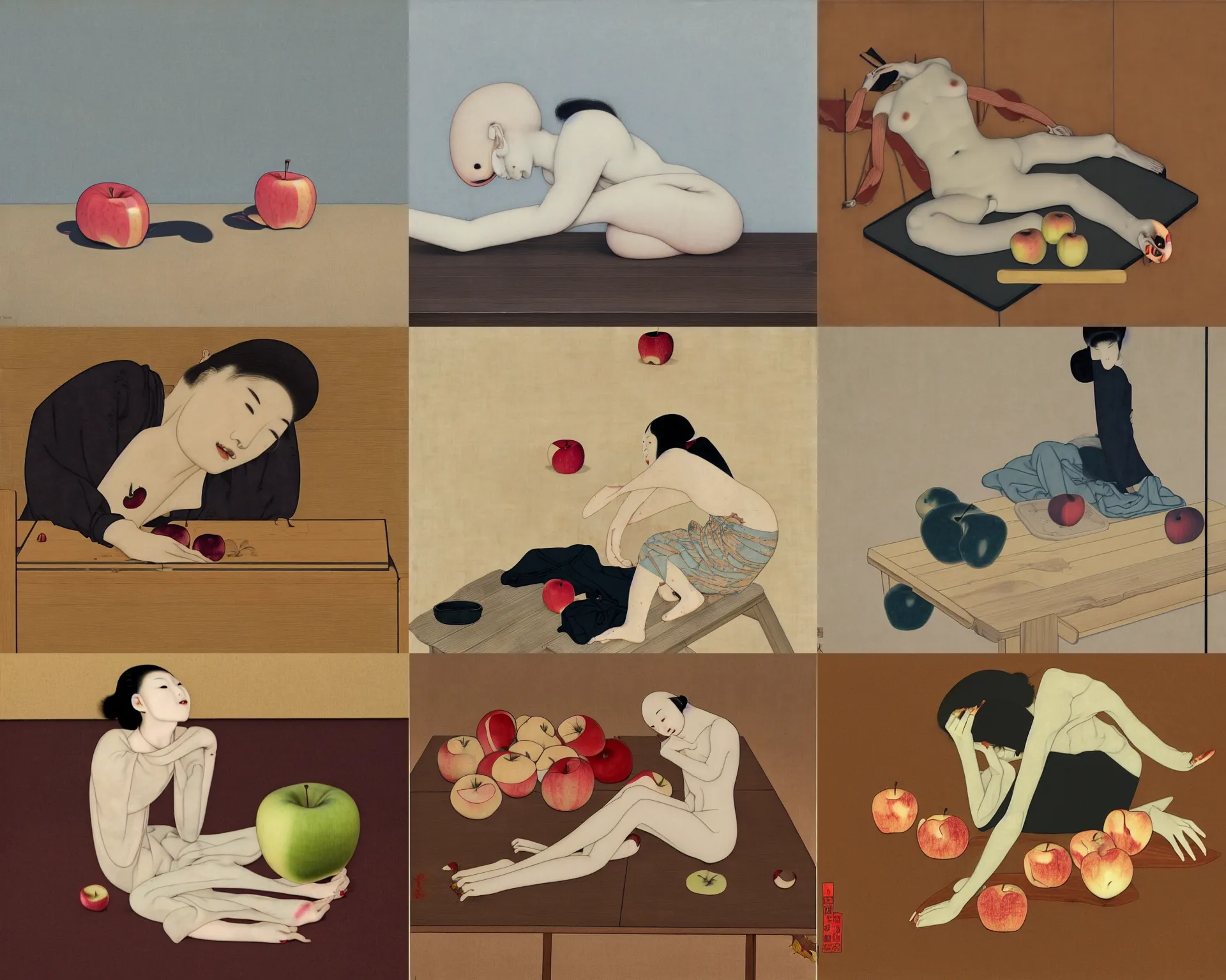 Image similar to Drained apples on a cracked wooden table by Senju Shunga and Hsiao-Ron Cheng and James Jean, pale colors, monotone, calm, balanced