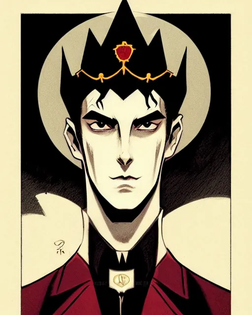 Image similar to handsome teen vampire prince with crown, symmetrical face, evil, portrait, cinematic, dramatic, powerful, super detailed and intricate, by koson ohara, by darwyn cooke, by greg rutkowski, by satoshi kon