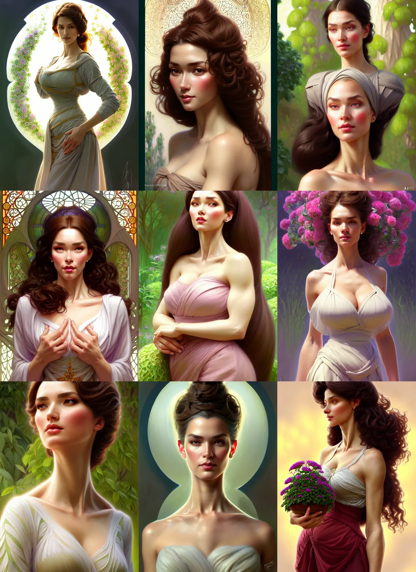 Prompt: character concept portrait of me as modest wife blessed by god to grow ever - more intelligent beautiful voluminous muscular tall and healthy. modestly clothed, in garden, intricate, elegant, highly detailed, digital painting, artstation, concept art, symmetry, smooth, sharp focus, illustration, art by artgerm and rutkowski and mucha