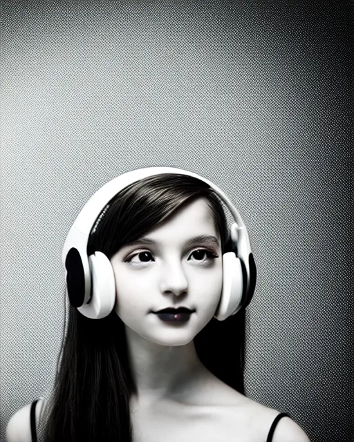 Image similar to black and white dreamy young beautiful female artificial intelligence with a futuristic headset, cinematic, rim light, bokeh, photo - realistic, elegant, high detail, 8 k, masterpiece, photo taken in 1 9 3 0