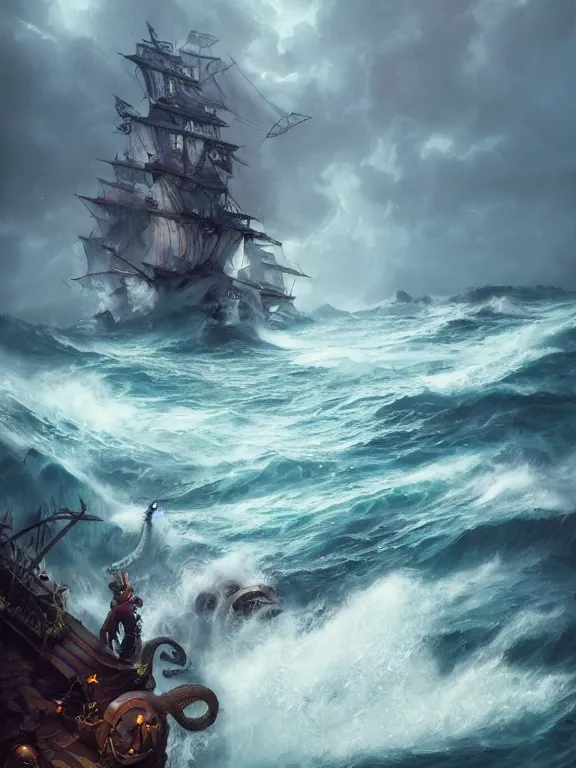 Image similar to photo of 8k ultra realistic kraken fighting pirate ship at sea, heavy storm, raging waves, full of colour, cinematic lighting, battered, trending on artstation, 4k, hyperrealistic, focused, extreme details,unreal engine 5, cinematic, masterpiece, art by Peter Mohrbacher