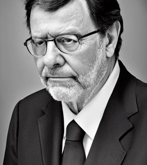 Prompt: A dramatic portrait of Mariano Rajoy, black and white, studio lighting