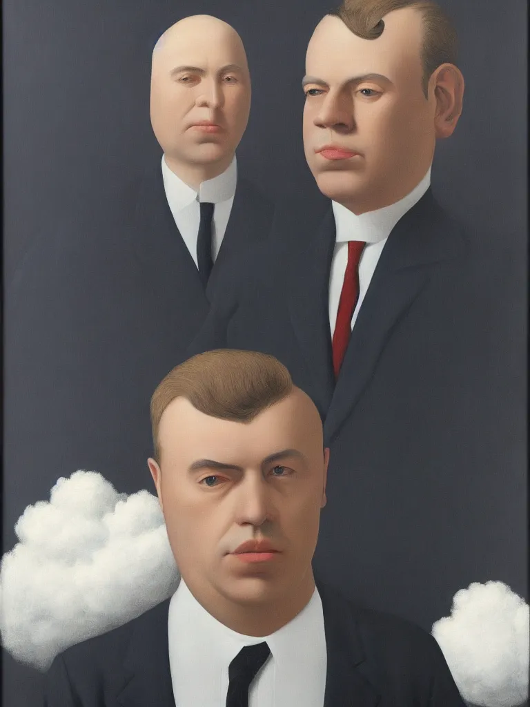 Image similar to portrait of man in a suit that has cloud instead of head by rene magritte, detailed painting, hd, hq, high resolution, high detail, 4 k, 8 k