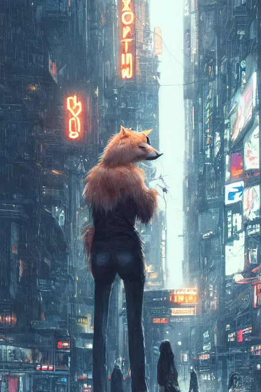 Image similar to beautiful portrait of a tall white female anthro fox smoking a cigarette towering head and shoulders above the bustling crowd of a rainy city street around her, cyberpunk clothes, cyberpunk, harsh neon lights, highly detailed, sharp focus, digital painting, illustration, trending on artstation, art by sakimichan, wlop, greg rutkowski