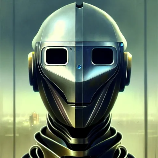 Image similar to detailed character concept art portrait of a masked robot in a city, trending on artstation, award - winning video game concept art by jim burns and greg rutkowski, beksinski, a sci - fi concept art masterpiece, james gilleard, bruegel, alphonse mucha, and yoshitaka amano.